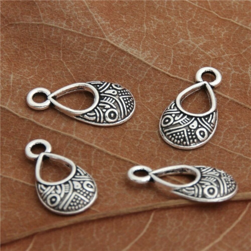 Antique Silver Plated Art Deco Carved Open Curved Teardrop Charms 4Pcs